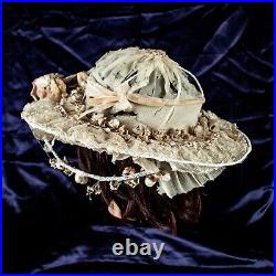 Antique 1920's Florence Lawrence Ivory Floral Women Silk Derby Hat Size M, 7 3/8