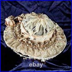 Antique 1920's Florence Lawrence Ivory Floral Women Silk Derby Hat Size M, 7 3/8