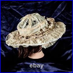 Antique 1920's Florence Lawrence Ivory Floral Women Silk Derby Hat Size M, 7 3/8