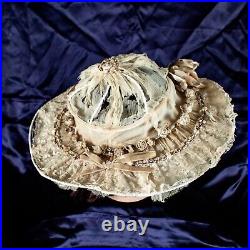 Antique 1920's Florence Lawrence Ivory Floral Women Silk Derby Hat Size M, 7 3/8