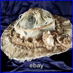 Antique 1920's Florence Lawrence Ivory Floral Women Silk Derby Hat Size M, 7 3/8