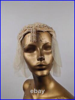 Antique 1920's Pearl Glass Bead & Tulle Wedding Bridal Headpiece W Velvet Trim