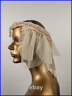 Antique 1920's Pearl Glass Bead & Tulle Wedding Bridal Headpiece W Velvet Trim