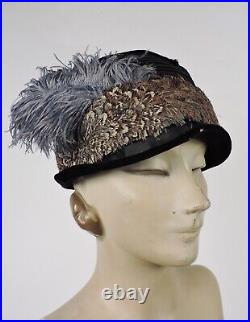 Antique 1920's Piped Silk Cloche Hat W Feather Trims