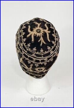 Antique 1920s 20s Cloche Hat Black Satin Metallic Cord Embroidered Flapper