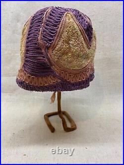 Antique 1920s Flapper Cloche Hat Pink Purple Embroidery Ribbon Hat Stand