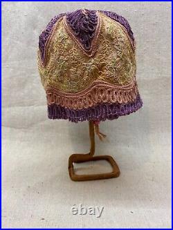 Antique 1920s Flapper Cloche Hat Pink Purple Embroidery Ribbon Hat Stand