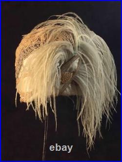 Antique 1920s Flapper Embellished Fabric Ostrich Feathers Cloche Hat Leaf Brooch