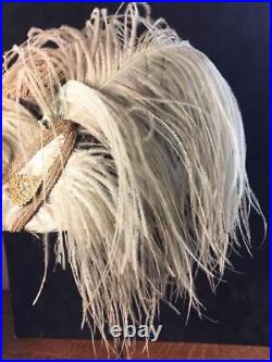 Antique 1920s Flapper Embellished Fabric Ostrich Feathers Cloche Hat Leaf Brooch