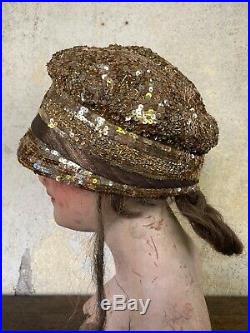 Antique 1920s Gold Sequin & Lamé Cloche Hat Helmet Sparkly Headpiece Rare Vtg