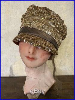 Antique 1920s Gold Sequin & Lamé Cloche Hat Helmet Sparkly Headpiece Rare Vtg