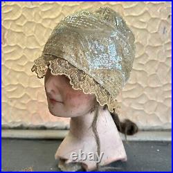 Antique 1920s Icy White Hand Beaded & Sequin Headpiece Cloche Hat Wig Vintage