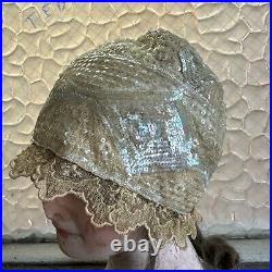 Antique 1920s Icy White Hand Beaded & Sequin Headpiece Cloche Hat Wig Vintage