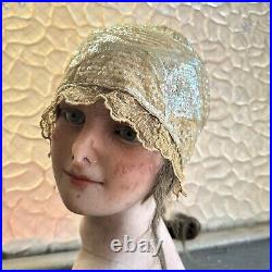 Antique 1920s Icy White Hand Beaded & Sequin Headpiece Cloche Hat Wig Vintage