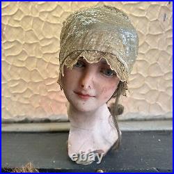 Antique 1920s Icy White Hand Beaded & Sequin Headpiece Cloche Hat Wig Vintage