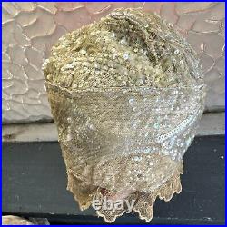 Antique 1920s Icy White Hand Beaded & Sequin Headpiece Cloche Hat Wig Vintage