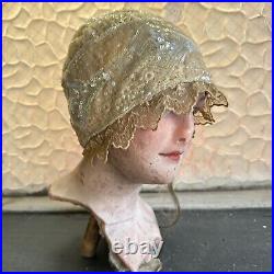 Antique 1920s Icy White Hand Beaded & Sequin Headpiece Cloche Hat Wig Vintage