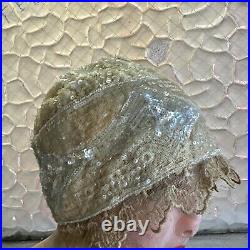 Antique 1920s Icy White Hand Beaded & Sequin Headpiece Cloche Hat Wig Vintage