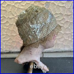 Antique 1920s Icy White Hand Beaded & Sequin Headpiece Cloche Hat Wig Vintage