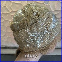 Antique 1920s Icy White Hand Beaded & Sequin Headpiece Cloche Hat Wig Vintage