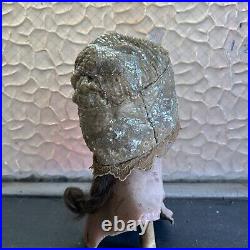 Antique 1920s Icy White Hand Beaded & Sequin Headpiece Cloche Hat Wig Vintage