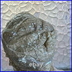 Antique 1920s Icy White Hand Beaded & Sequin Headpiece Cloche Hat Wig Vintage