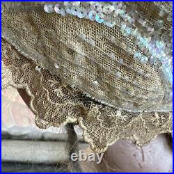 Antique 1920s Icy White Hand Beaded & Sequin Headpiece Cloche Hat Wig Vintage