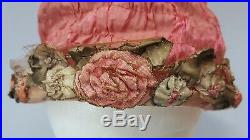Antique 1920s Lame Pink Silk Ribbonwork Flowers Hedrick Hat Cloche Vintage 20s
