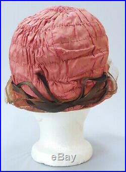 Antique 1920s Lame Pink Silk Ribbonwork Flowers Hedrick Hat Cloche Vintage 20s