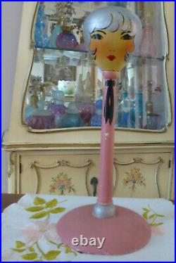 Antique 1920s ORIGINAL Wood Flapper Hat Stand w Painted Silver Hair & Pink Base