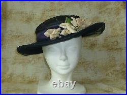 Antique 1930s Edwardian Hat Flowers AUSTELLE-New York Chapeaux Chic Navy Straw