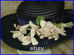 Antique 1930s Edwardian Hat Flowers AUSTELLE-New York Chapeaux Chic Navy Straw