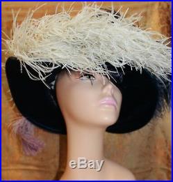 Antique 19th Century Ladies Blue Velvet, Fur & Ostrich Feather Hat