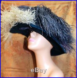 Antique 19th Century Ladies Blue Velvet, Fur & Ostrich Feather Hat