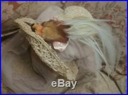 Antique Bird Of Paradise Wide Brim Hat w Pink Tulle Scarf Plumes & Bird Head