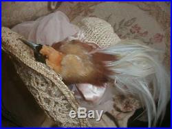 Antique Bird Of Paradise Wide Brim Hat w Pink Tulle Scarf Plumes & Bird Head