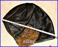 Antique Black Satin Cloche Flapper Hat Beaded 1920's Downton Abbey Era