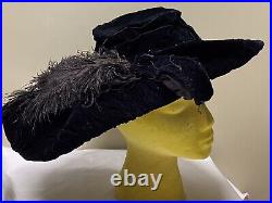 Antique Black Velvet Handmade Victorian Mourning Ostrich Feather Ladies Hat