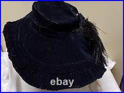 Antique Black Velvet Handmade Victorian Mourning Ostrich Feather Ladies Hat