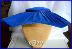 Antique Blue Velvet Ruched Wide Brim Chenille Trim Bonnet Hat