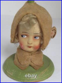 Antique Boudoir Doll Green Hat Stand Composition Girl Curly Blonde Hair