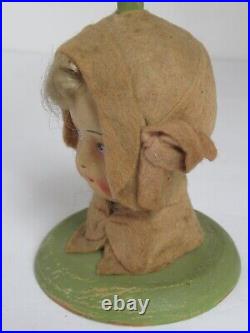 Antique Boudoir Doll Green Hat Stand Composition Girl Curly Blonde Hair