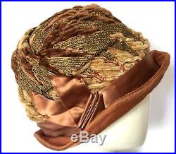 Antique Brown/Copper Silk Flapper Cloche Hat Art Deco Chenille
