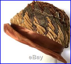 Antique Brown/Copper Silk Flapper Cloche Hat Art Deco Chenille