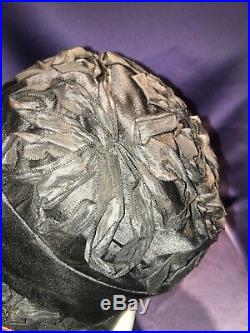 Antique C1920 Helmet Cloche Hat Black Silk Ribbon Bows w Coral Silk Brim