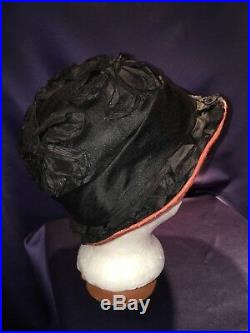 Antique C1920 Helmet Cloche Hat Black Silk Ribbon Bows w Coral Silk Brim