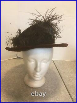 Antique Chocolate Brown Velvet Hat Ostrich Plume Feather Chenille Trim Edwardian
