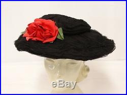 Antique EDWARDIAN Silk HAT BLACK Ruched Silk Chiffon Wide Brim Red Rose