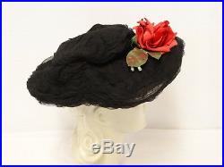 Antique EDWARDIAN Silk HAT BLACK Ruched Silk Chiffon Wide Brim Red Rose