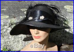 Antique Edwardian Black Straw Hat Wide Brim w Feathers & Double side Hat Pin